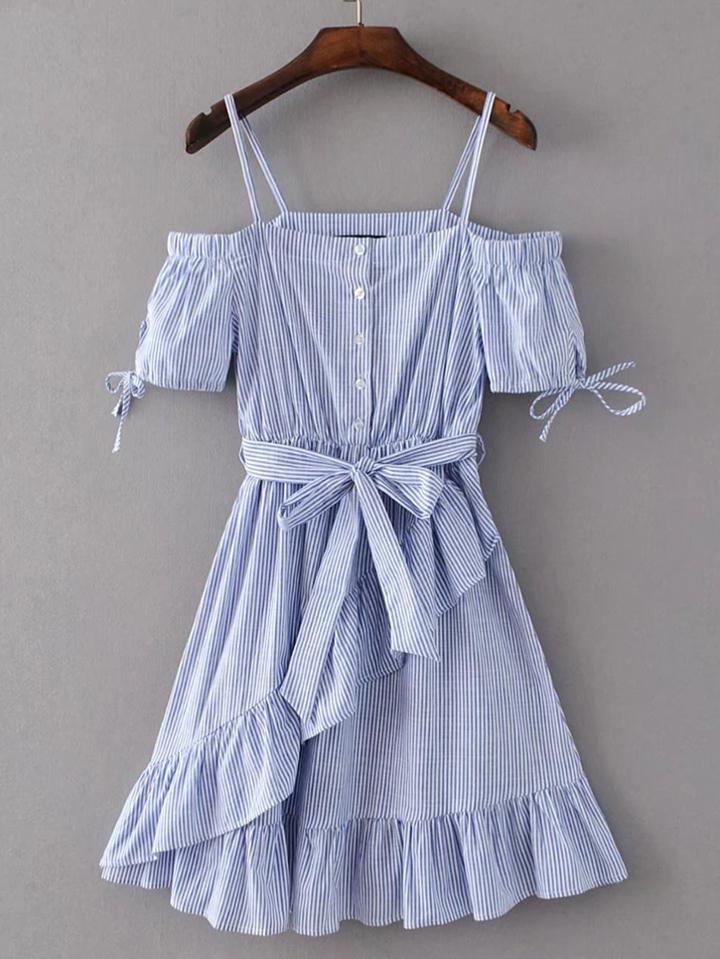Shein Vertical Striped Ruffle Trim A Line Dress With Self Tie