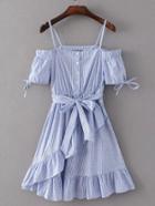 Shein Vertical Striped Ruffle Trim A Line Dress With Self Tie