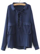 Shein Navy Lapel Lace Up Pockets Blouse