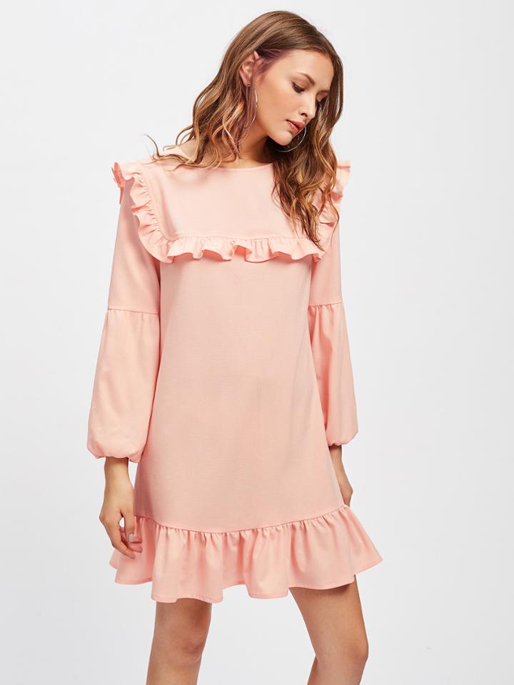 Shein Ruffle Yoke And Hem Lantern Sleeve Dress