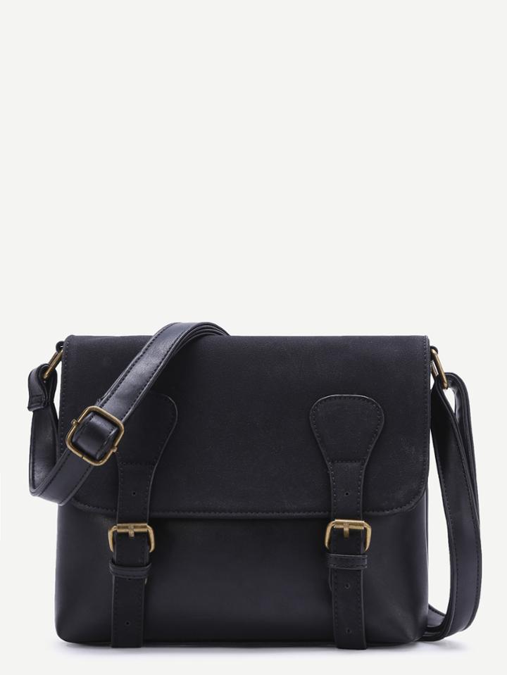 Shein Black Double Buckle Pu Shoulder Bag