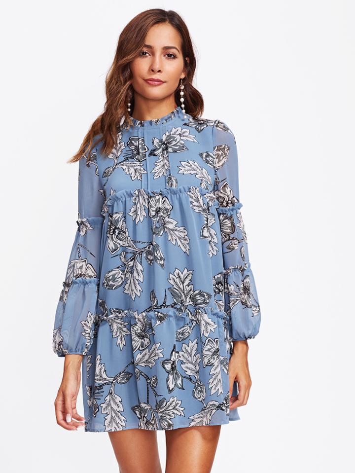 Shein Frill Detail Bishop Sleeve Tiered Botanical Dress