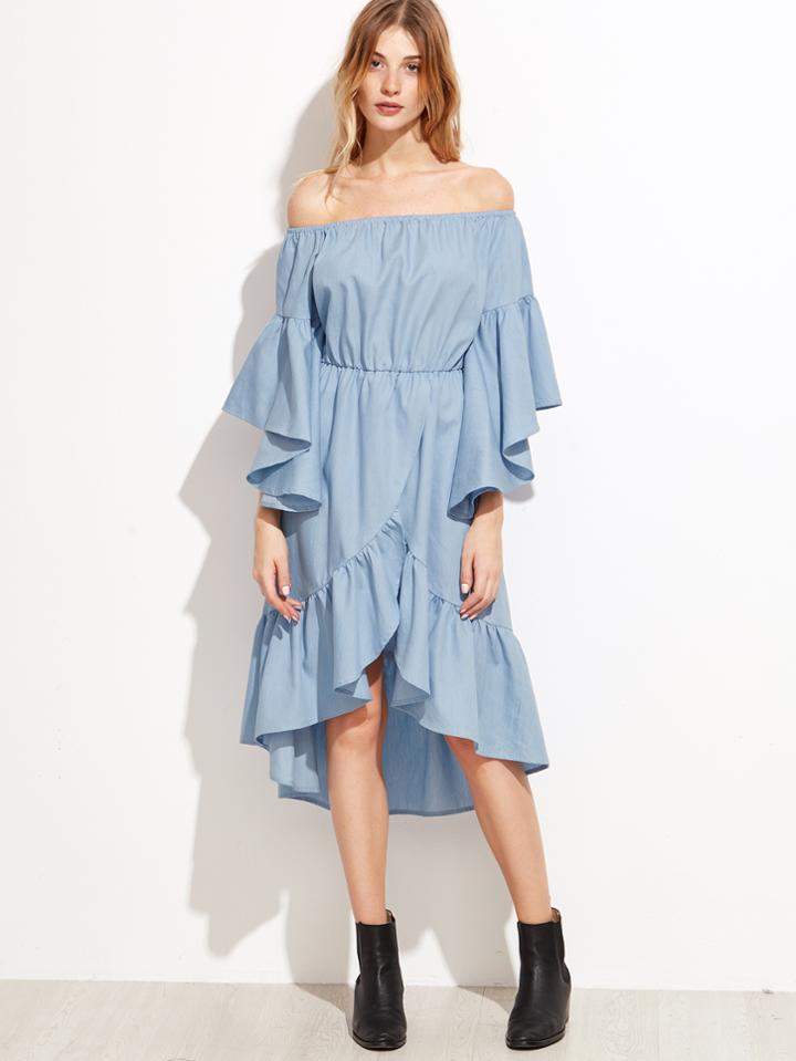 Shein Blue Off The Shoulder Asymmetric Tiered Ruffle Dress