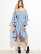 Shein Blue Off The Shoulder Asymmetric Tiered Ruffle Dress