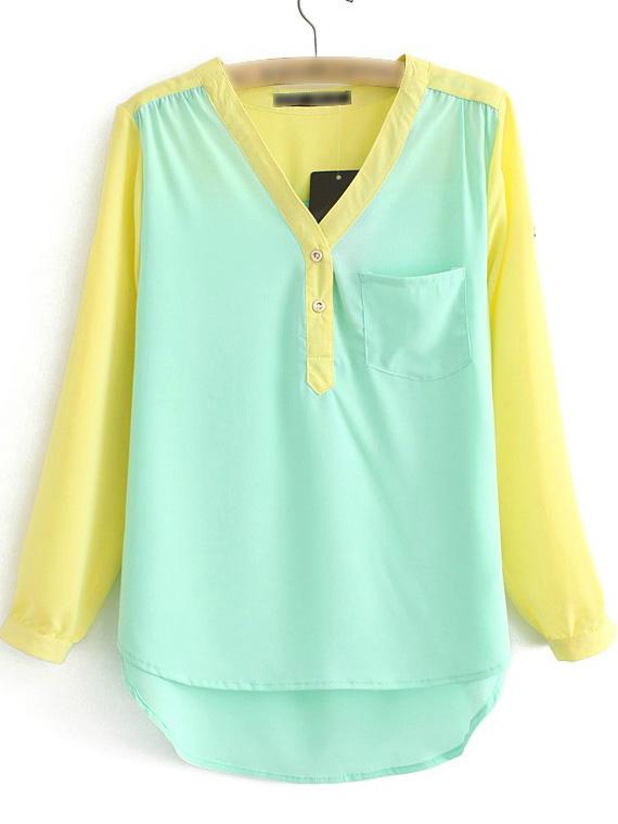 Shein Multicolor Dip Hem Long Sleeve Pocket Blouse