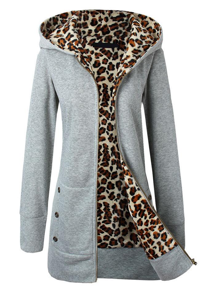Shein Grey Hooded Leopard Buttons Slim Sweatshirt