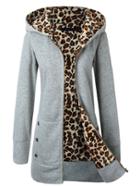 Shein Grey Hooded Leopard Buttons Slim Sweatshirt