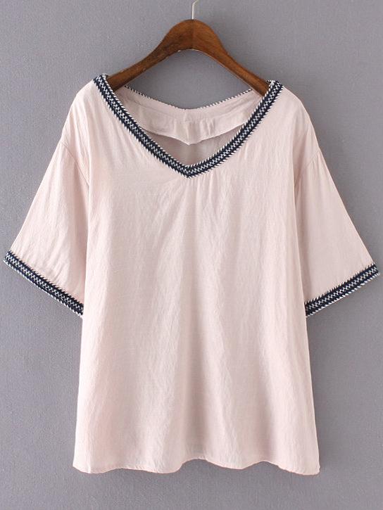 Shein Pink V Neck Casual T-shirt