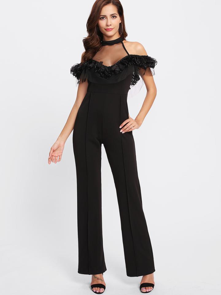 Shein Cold Shoulder Contrast Sheer Mesh Jumpsuit