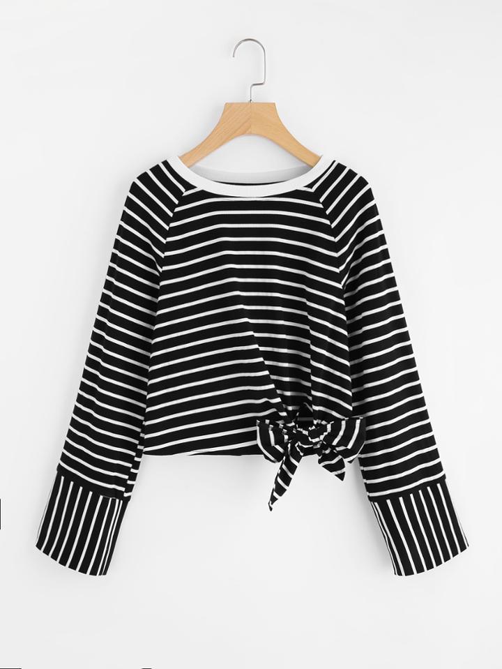 Shein Raglan Sleeve Bow Detail Striped Tee