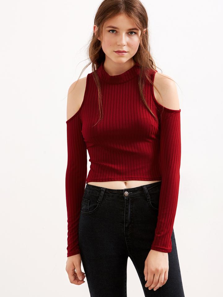 Shein Burgundy Open Shoulder Zipper Knit T-shirt