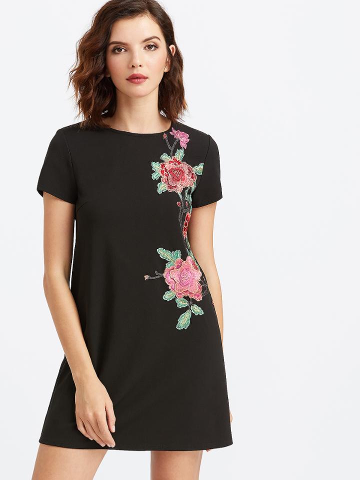 Shein Black Flower Embroidered Short Sleeve Tee Dress