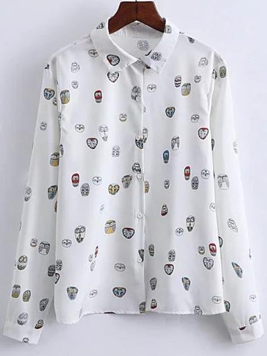 Shein White Eagle Print Button Up Blouse
