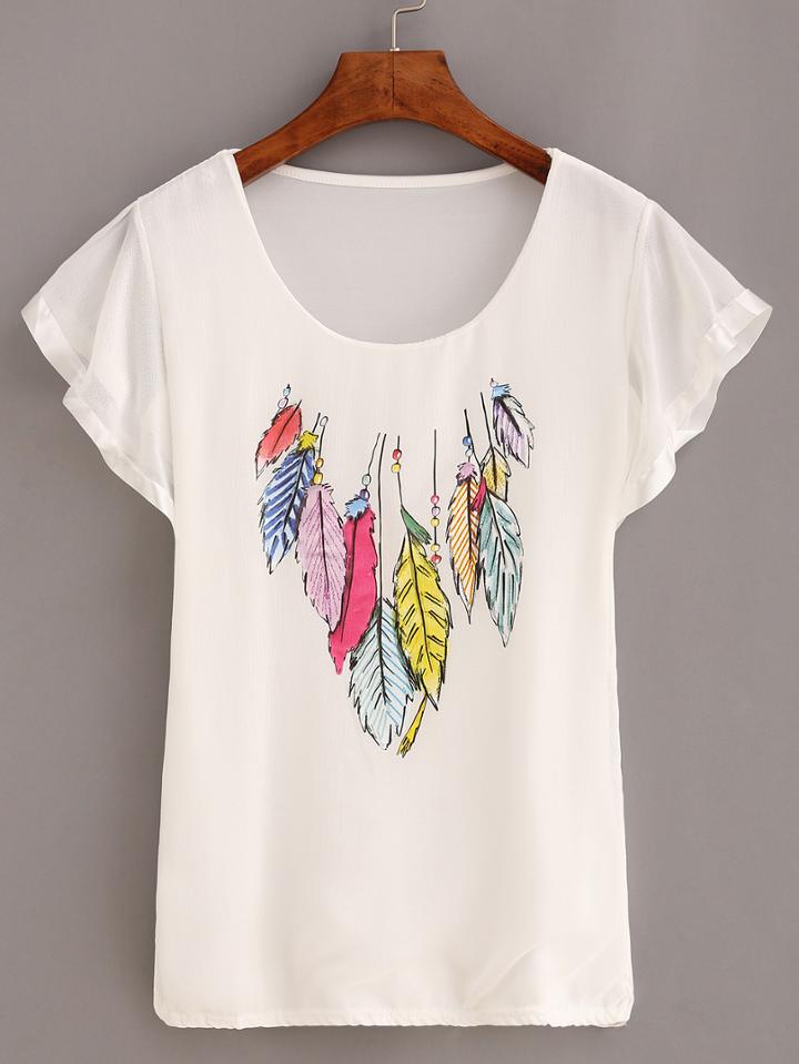 Shein Feather Print Ruffled Sleeve T-shirt - White