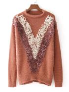 Shein Floral Chevron Accent Fuzzy Sweater