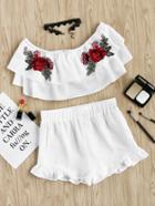 Shein Embroidered Rose Patch Flounce Bardot Top And Shorts Set