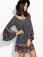 Shein Multicolor Print Criss Cross Bell Sleeve Shift Dress