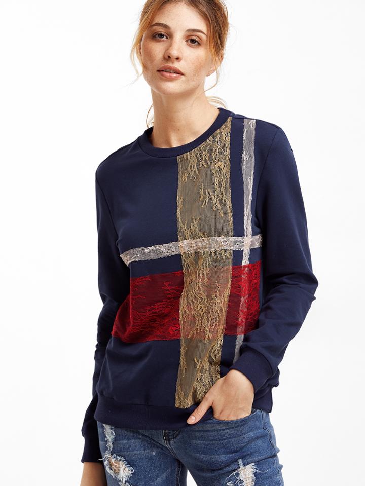 Shein Navy Floral Lace Applique Sweatshirt