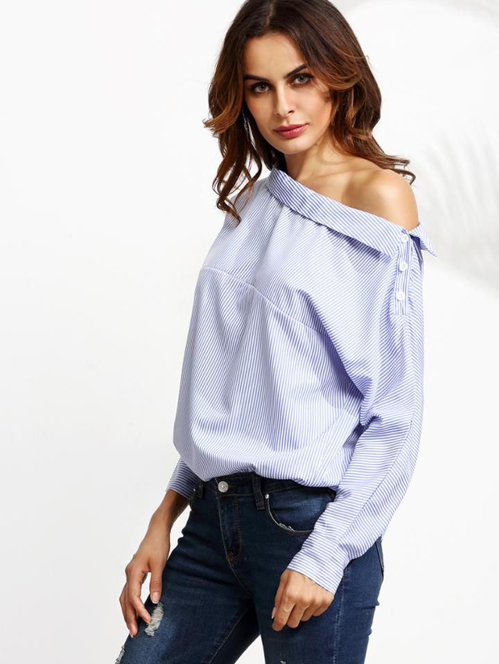 Shein Blue Vertical Striped One Shoulder Button Blouse