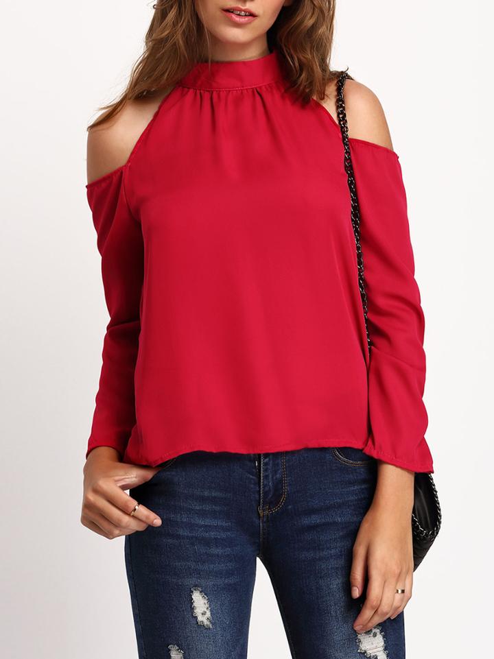 Shein Red Cold Shoulder Loose Chiffon Blouse