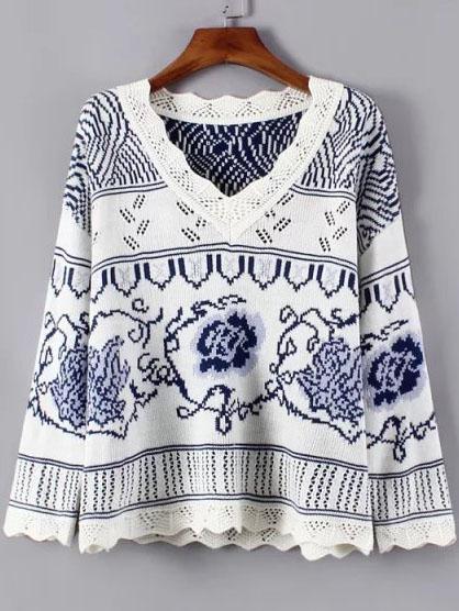 Shein White Flower Pattern V Neck Sweater
