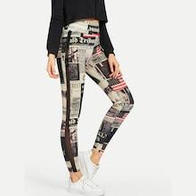 Shein Mesh Insert Side Newspaper Print Leggings