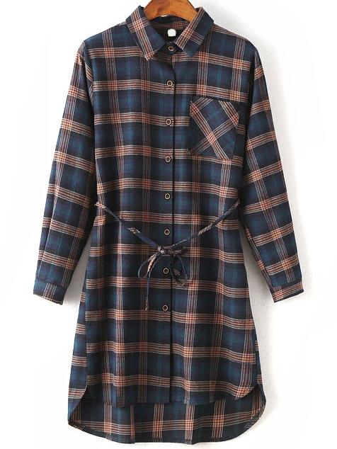 Shein Plaid Pocket High Low Shirt Dress