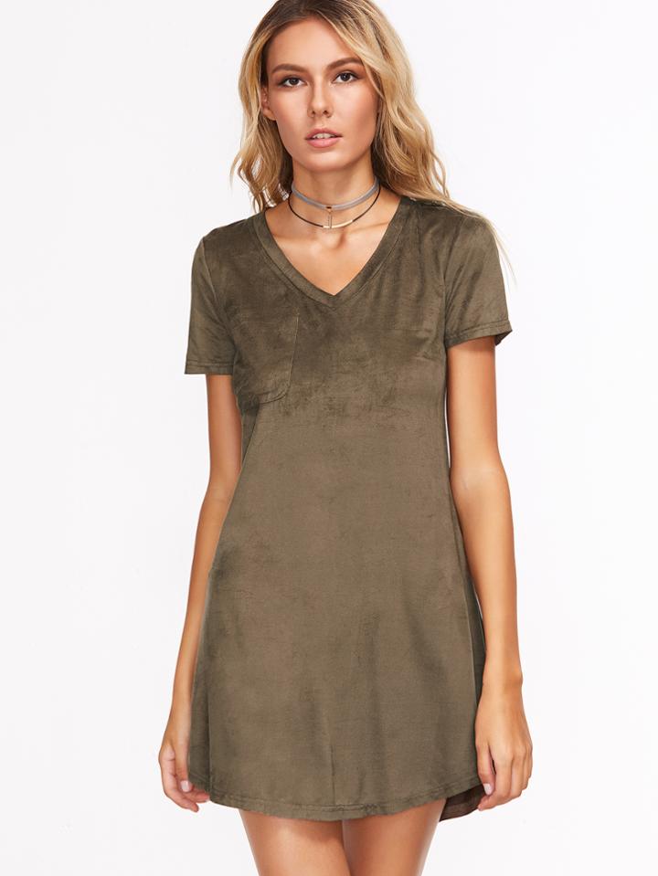 Shein Olive Green Pocket Front Curved Hem Tee Dress