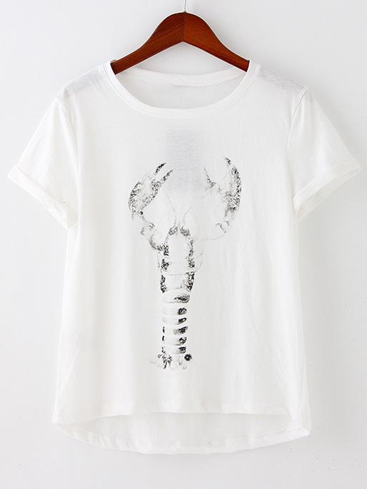 Shein White Dip Hem Lobster Print Short Sleeve T-shirt