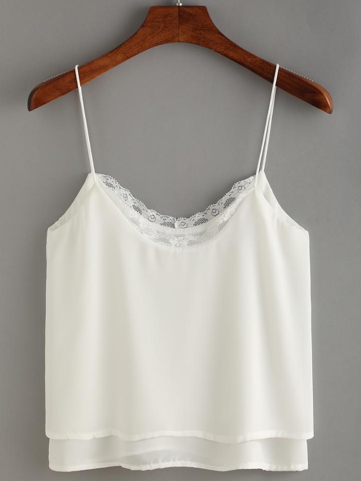 Shein White Spaghetti Strap Lace Insert Layers Chiffon Cami Top