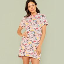Shein Raglan Sleeve Dog And Letter Print Dress