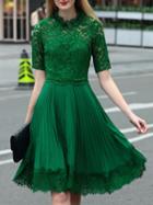 Shein Green Contrast Lace Pleated Bowtie Dress
