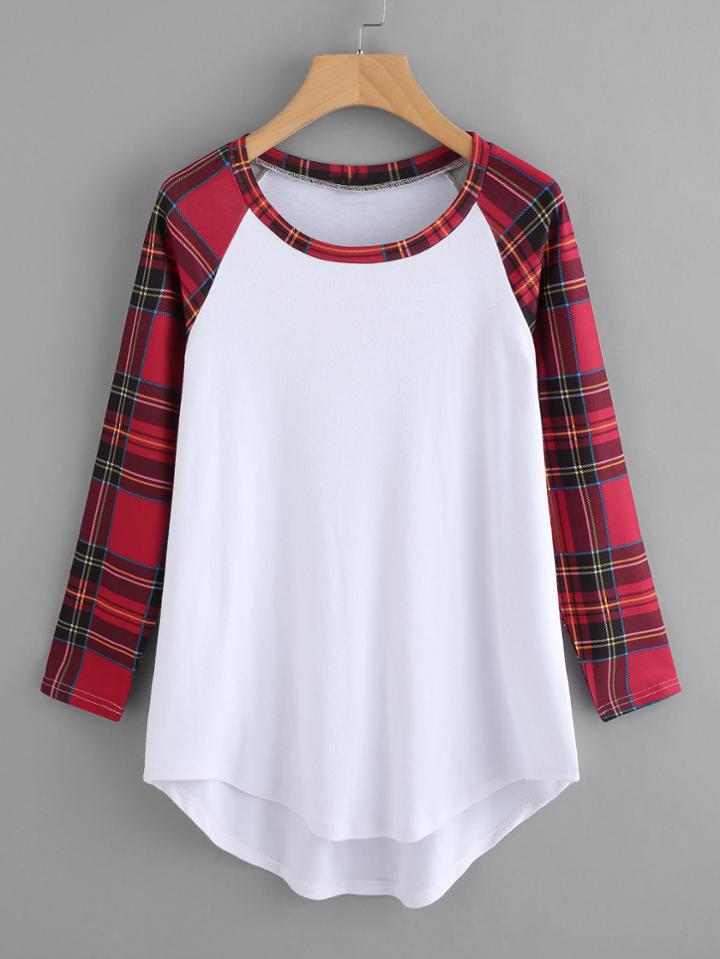 Shein Contrast Tartan Plaid Dip Hem Tee