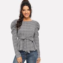 Shein Puff Sleeve Scalloped Hem Plaid Blouse