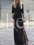 Shein Black Half Sleeve Lace Split Maxi Dress