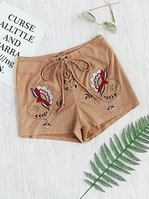 Shein Symmetric Flower Embroidery Lace Up Suede Shorts