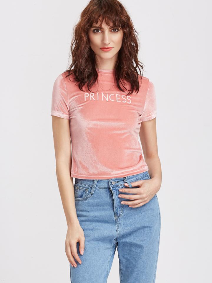 Shein Letter Embroidered Velvet T-shirt