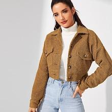 Shein Button & Pocket Front Collar Teddy Jacket