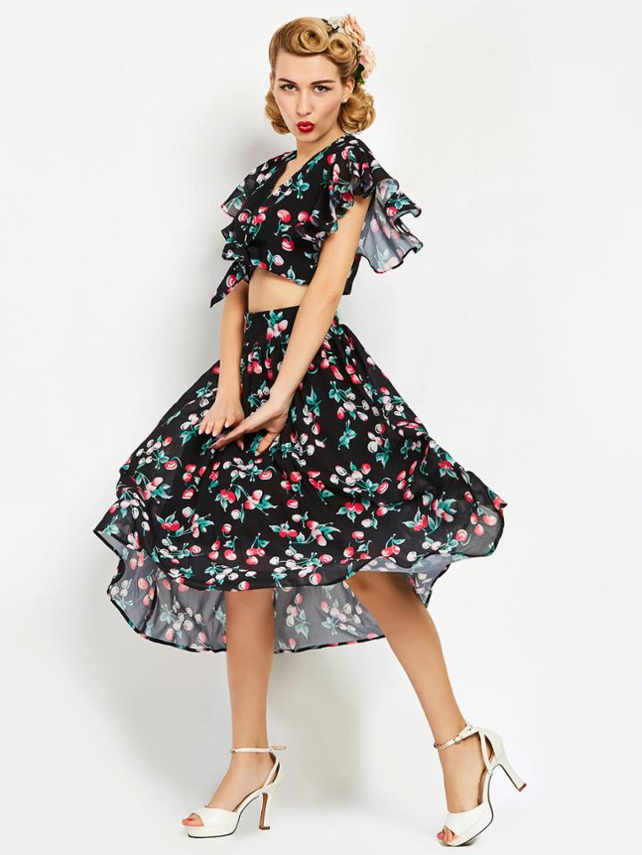 Shein Cherry Print Butterfly Sleeve Knotted Crop Top With Skirt
