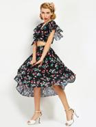 Shein Cherry Print Butterfly Sleeve Knotted Crop Top With Skirt