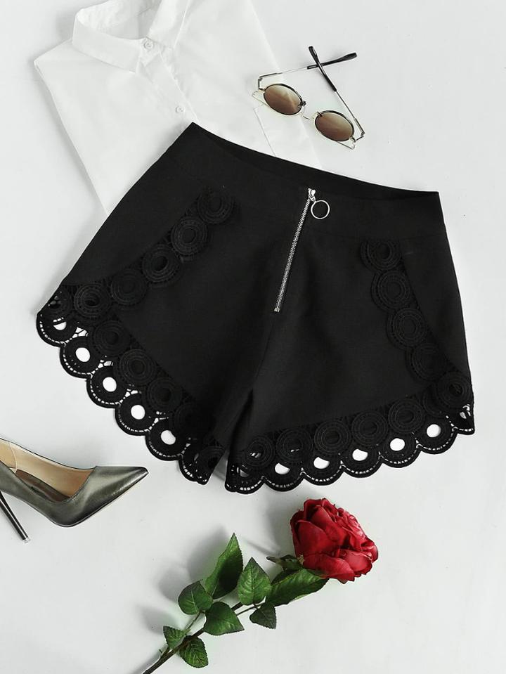 Shein Exposed Zip Front Geo Crochet Trim Shorts