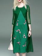 Shein Green Flowers Embroidered Shift Sheer Dress