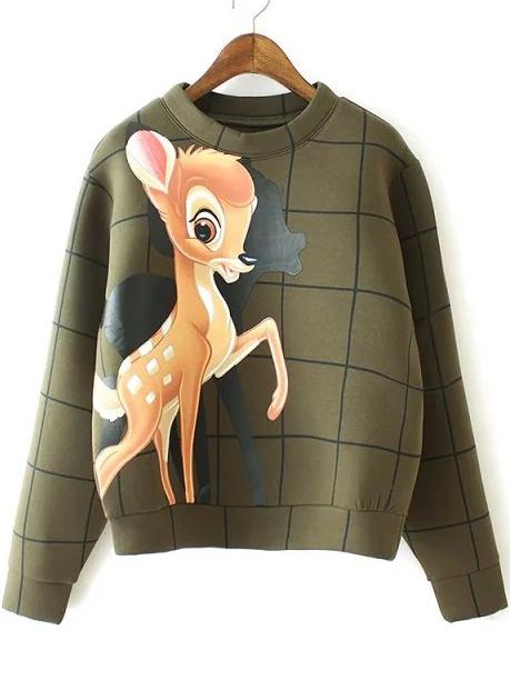 Shein Green Round Neck Deer Print Crop Sweatshirt