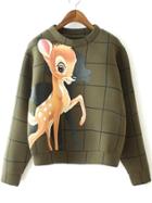 Shein Green Round Neck Deer Print Crop Sweatshirt