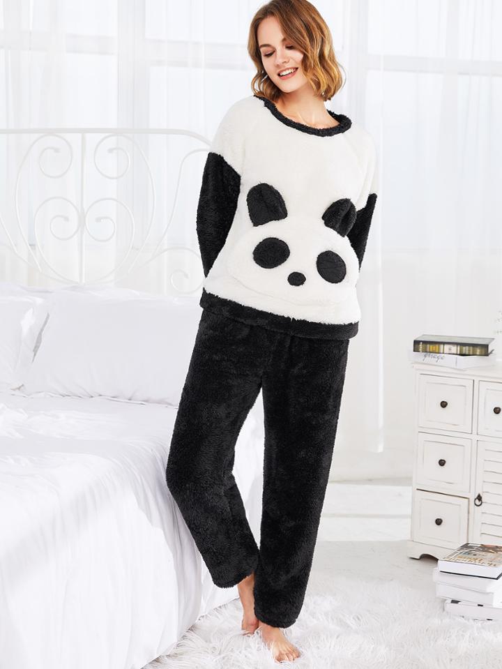Shein Panda Print Plush Top & Pants Pj Set