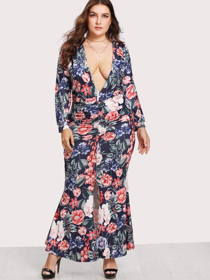 Shein Plunge Ruched Detail Split Front Florals Dress