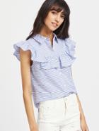Shein Frill Cap Sleeve Button Up Striped Blouse