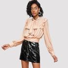 Shein Tie Neck Ruffle Trim Wide Hem Top