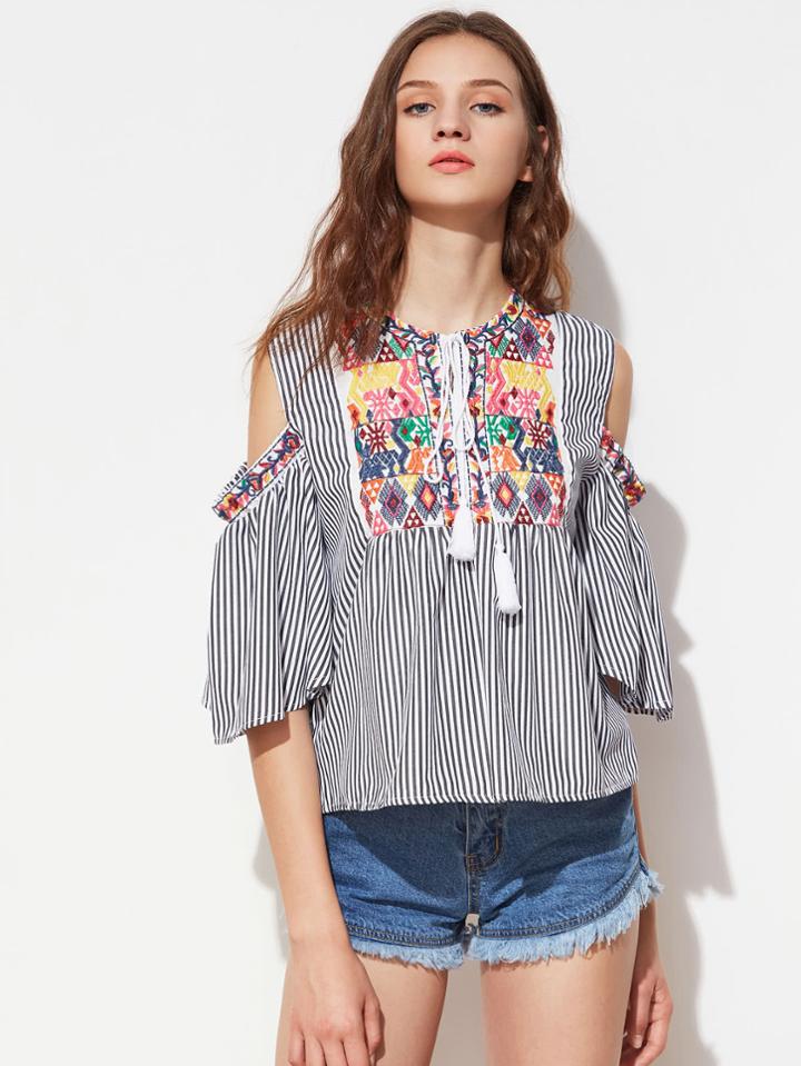 Shein Embroidery Open Shoulder Tassel Tie Top