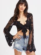 Shein Plunging Tie Front Trumpet Sleeve Floral Lace Top